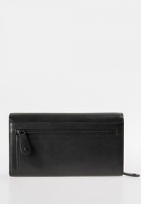 Black leather wallet with a smooth texture, featuring a zippered pocket and a sleek rectangular shape. Minimalist design with subtle stitching.