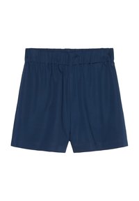 Námořnické modré šortky vyrobené z měkké tkaniny mají elastický pas, rovný střih a žádné viditelné kapsy nebo vzory.