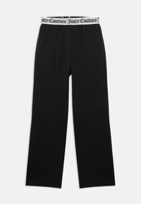 Čierne nohavice s rovnými nohavicami a elastickým bielym pásom, ktorý obsahuje opakujúci sa logo "Juicy Couture" v čiernej farbe.