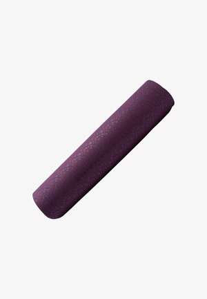 Lila Yogamatte mit einem strukturierten Blattmuster für verbesserten Grip und Stabilität. Rechteckige Form mit abgerundeten Enden für zusätzlichen Komfort.