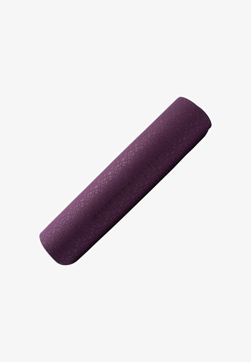 Violetti jooga-alusta, jossa on teksturoitu lehtikuvio parantaaksesi pitoa ja vakautta. Suorakulmainen muoto, jossa on pyöristetyt päät mukavuutta varten.