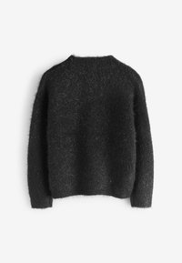 Czarny sweter, puszysta tekstura, okrągły dekolt, prążkowane mankiety, luźny krój, miękki materiał, widok z tyłu, brak widocznych logo lub wzorów.