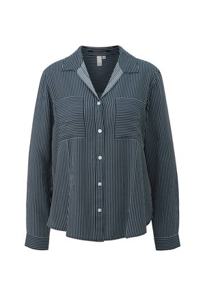 Chemise à manches longues à rayures bleu marine et blanches, boutonnée avec col, dotée de deux poches poitrine et d'une coupe légèrement ample. Texture de tissu doux.