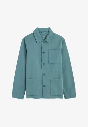 Helle türkisfarbene Jacke aus Baumwolle mit Knopfverschluss vorne, klassischem Kragen, zwei Fronttaschen und einer Brusttasche.