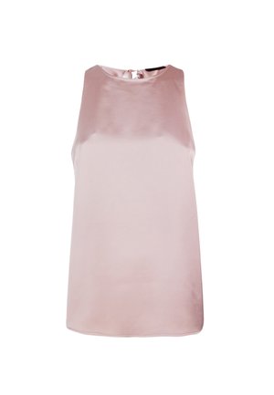 Top senza maniche in satin rosa chiaro, scollatura rotonda, leggero brillante, e dettaglio a forma di chiave sul retro. Texture liscia con una finitura pulita.