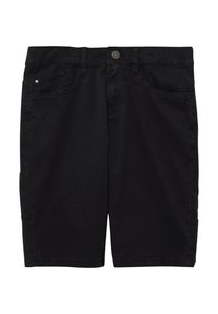 Pantalones cortos negros de algodón con una textura suave. Cuenta con cinco bolsillos, un cierre de botón de metal y detalles de costura a lo largo de los lados.