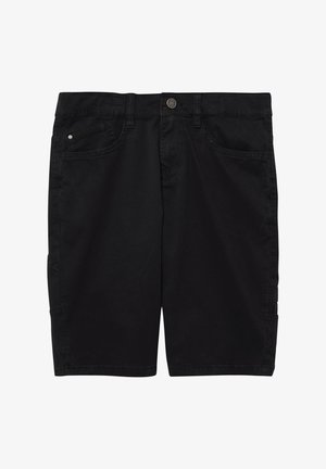 Schwarze Shorts aus Baumwolle mit glatter Textur. Verfügt über fünf Taschen, einen Metallknopfverschluss und Ziernähte an den Seiten.