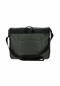 Sac messager vert et noir avec une texture lisse, bandoulière réglable, poignée supérieure et poche frontale. Design minimaliste avec détail de logo.