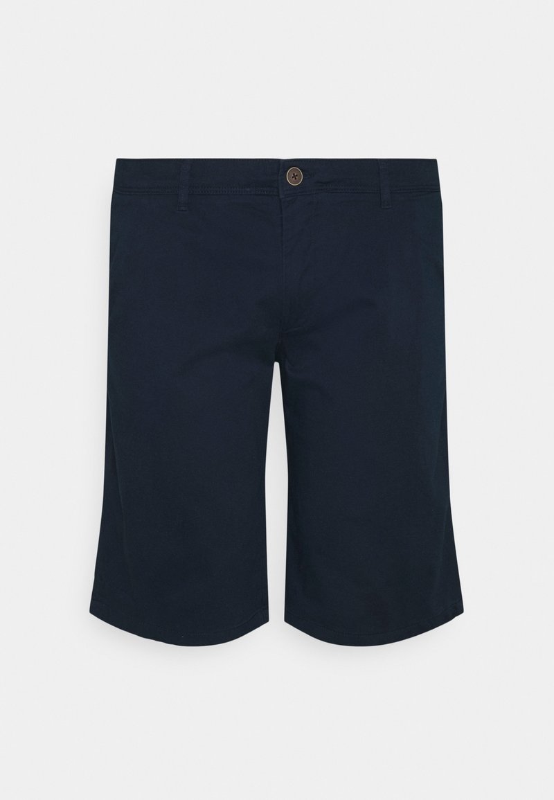 Shorts bleu marine en tissu léger, avec fermeture à bouton, devant plat et coupe droite. Aucun motif ni accent visible.
