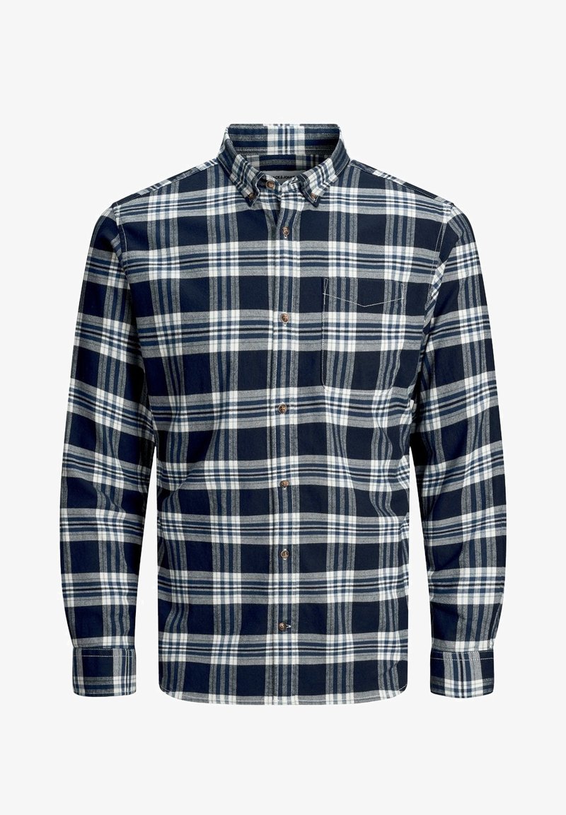 Chemise pour homme à manches longues boutonnée, motif à carreaux bleu marine et blanc, avec une poche poitrine sur le côté gauche.