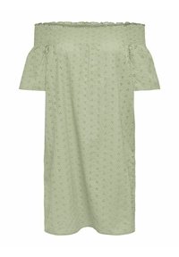 Off-shoulder, kortärmad klänning i ljusgrön, med broderie anglaise-textur och en samlad midja med vågiga kanter.