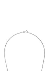 Collana in argento con un piccolo gancio a molla rotondo su sfondo bianco.