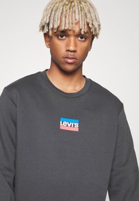 Sudadera gris con un parche de logo de Levi's en colores azul y rosa, con cuello redondo y puños de canalé, confeccionada en una tela suave.