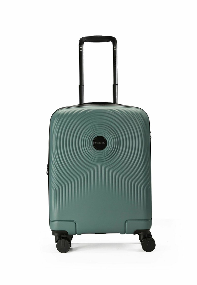 Hartschalenkoffer in Teal mit welliger Textur, schwarzen Akzenten, einem Teleskopgriff und vier Rädern für Mobilität.
