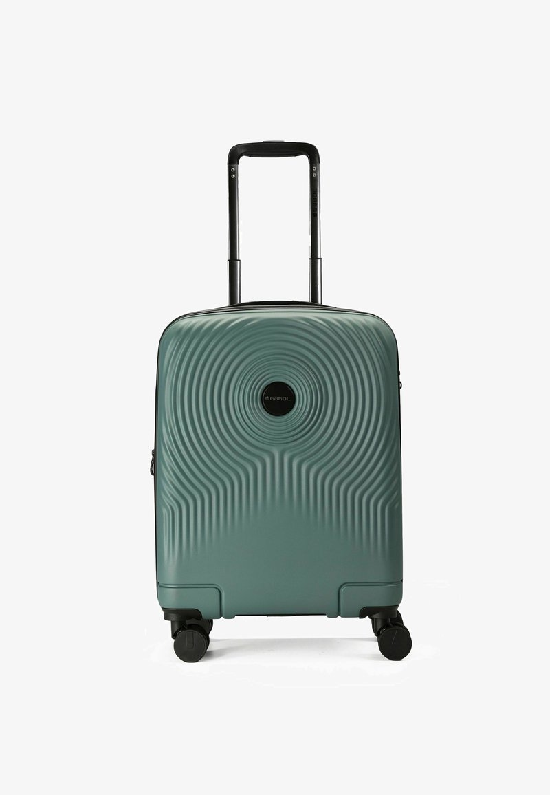 Hartschalenkoffer in Teal mit welliger Textur, schwarzen Akzenten, einem Teleskopgriff und vier Rädern für Mobilität.