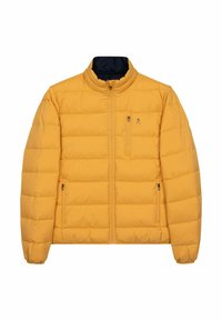 Chaqueta de plumas amarilla con un alto cuello. Presenta paneles acolchados horizontales, cierre frontal y dos bolsillos laterales con cremalleras.