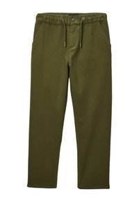Pantalon vert olive avec une taille élastique, cordon de serrage ajustable, deux poches avant et jambes fuselées. Fabriqué en tissu doux avec une texture lisse.