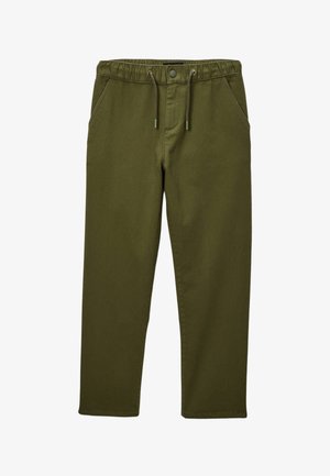 Pantalon vert olive avec une taille élastique, cordon de serrage ajustable, deux poches avant et jambes fuselées. Fabriqué en tissu doux avec une texture lisse.