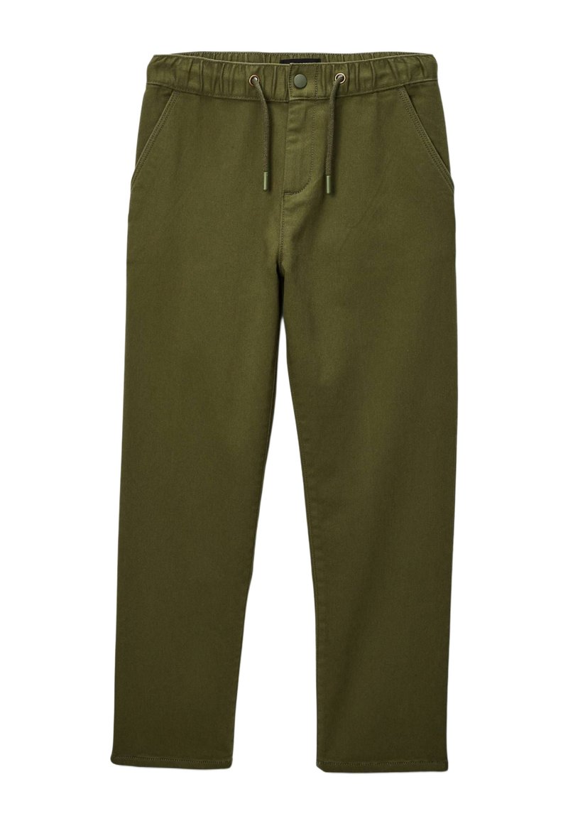 Pantalon vert olive avec une taille élastique, cordon de serrage ajustable, deux poches avant et jambes fuselées. Fabriqué en tissu doux avec une texture lisse.