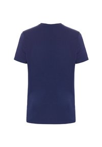 Navyblauwe katoenen t-shirt met korte mouwen, ronde hals, zachte textuur en een eenvoudig, effen kleurontwerp. Geen extra patronen of accenten.