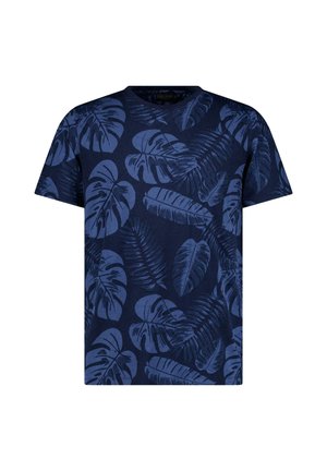 Navyblauw T-shirt met korte mouwen met een all-over donkerblauwe tropische bladerenprint en een ronde halslijn.