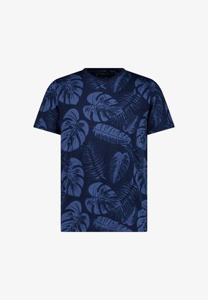 Navyblauw T-shirt met korte mouwen met een all-over donkerblauwe tropische bladerenprint en een ronde halslijn.