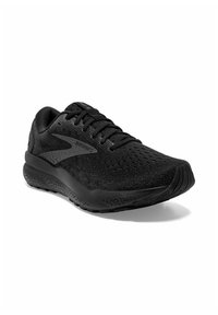 Zapatilla de correr negra con parte superior de malla transpirable, patrón texturizado, collar acolchado y suela acolchada. Presenta cordones planos y punta redondeada.