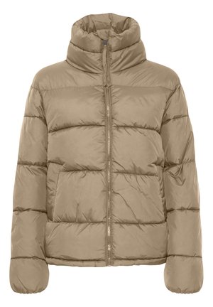 Giacca puffer beige con colletto alto, design a cuciture orizzontali e zip frontale. Il materiale appare lucido e liscio con una texture imbottita.