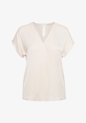 Heled roosa lühikeste varrukatega pluus V-kaelusega ja peene kortsude tekstuuriga. Tagaküljel on võtmeaugu avamine.