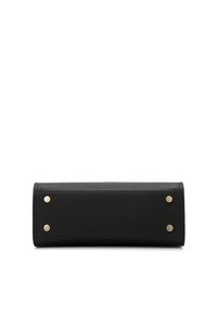 Black leather clutch bag with a textured surface, featuring gold hardware accents at the corners. Rectangular shape with clean lines.