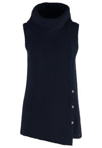 Námorně modrý bezrukávový rolák z pleteniny s ribovanou texturou a bočními knoflíky. Asymetrický design spodního lemu přidává vizuální zajímavost.