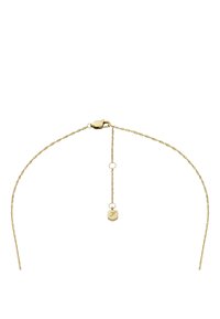 Delikat guldrep kedja halsband med en kräftklämma och en liten graverad hänge hängande från en justerbar förlängningskedja.