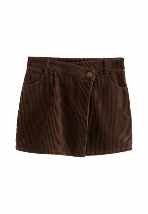 Hnedá mini sukňa z kordoviny s predným zavinovacím dizajnom, kovovým zapínaním na gombík, priechodkami na opasok a bočnými vreckami.