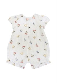 Rompers en coton blanc avec un motif floral comportant des fleurs roses, bleues et jaunes. Manches courtes bouffantes et ourlet volanté au niveau des jambes.