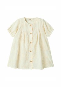 Kurzärmliges, cremefarbenes Kleid mit einem strukturierten Blumenstickdesign, runder Halslinie und fünf Holzknöpfen auf der Vorderseite.