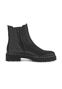 Bottines en cuir noir avec une fermeture éclair sur le côté, des clous décoratifs le long de la semelle et une plateforme noire chunky et texturée.