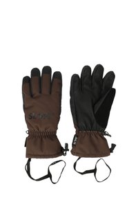 Bruna och svarta vinterhandskar med elastiska manschetter, logotyp på handleden, texturerad svart palm för grepp och justerbara handledsremmar.