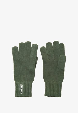 Dark green knitted gloves featuring a ribbed cuff and five-finger design. Material appears soft with a smooth texture and subtle branding.