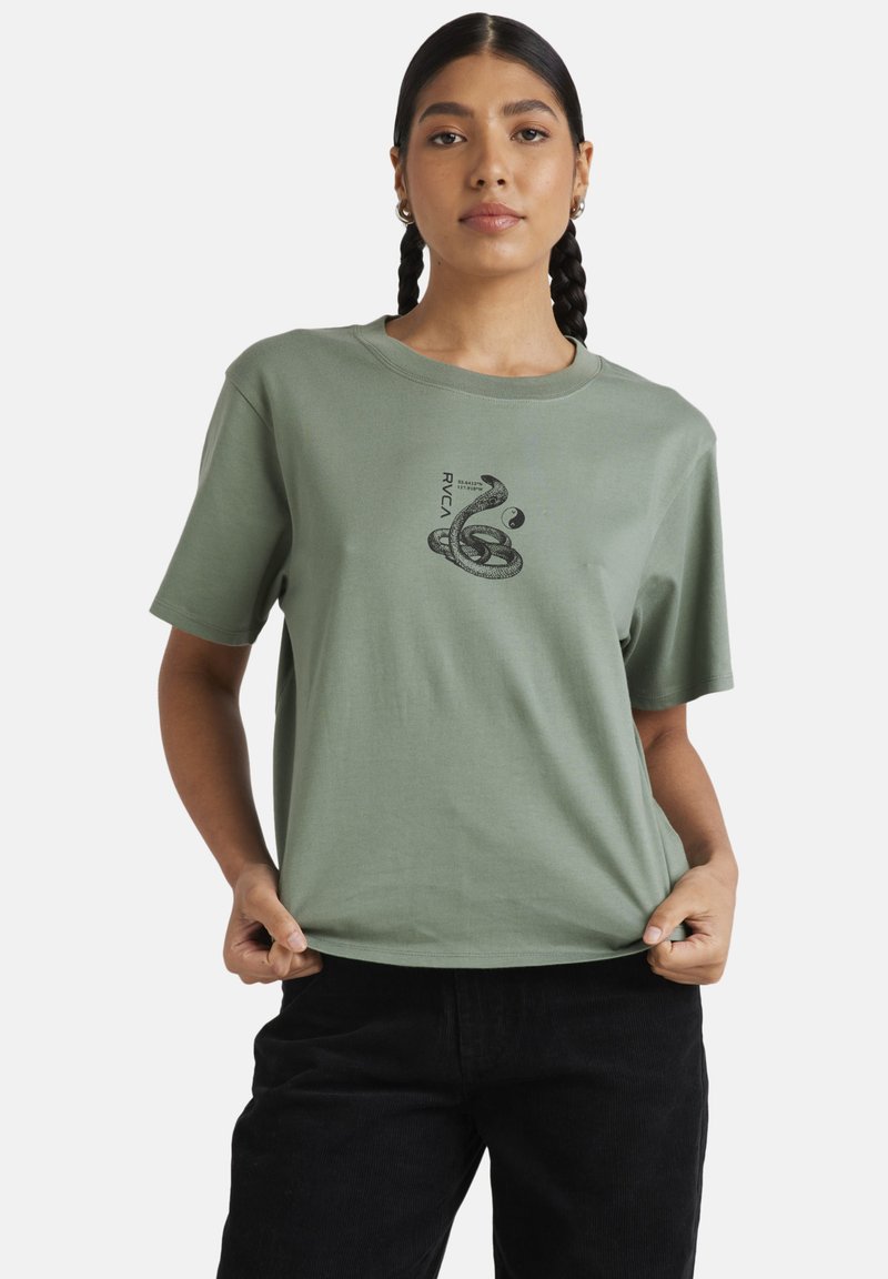 Olive green cotton t-shirt with short sleeves, featuring a black snake graphic and brand logo on the front. Simple, relaxed fit.