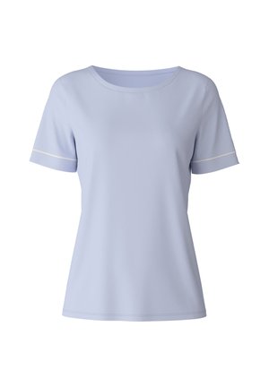 Helles blaues Kurzarm-T-Shirt mit Rundhalsausschnitt, aus glattem Stoff, mit dezenten weißen Akzenten an den Ärmeln für Details.