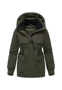 Green insulated parka jacket featuring a hood, multiple zippered and flap pockets, adjustable drawstring waist, and soft inner lining.