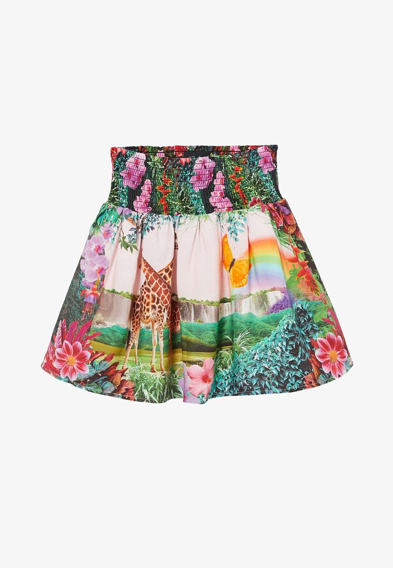 Barevná, rozšířená sukně s nařaseným pasem, zdobená živými květinovými a zvířecími potisky, včetně žirafy a duhy.