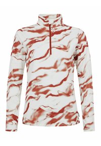 Langärmliger Pullover in Weiß mit rotem Marmor-Muster. Verfügt über einen Viertel-Reißverschluss am Hals und einen weichen, strukturierten Stoff.