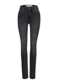 Vaqueros skinnies negros de mezclilla, con cintura alta, diseño de cinco bolsillos y un ligero desgaste. Cierre clásico de botón y cremallera.