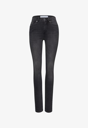 Jean slim noir en denim, avec taille haute, conception à cinq poches et décoloration subtile. Fermeture classique à bouton et zipper.