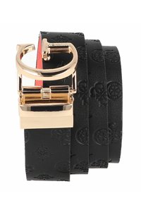 Cintura in pelle nera con motivi in rilievo, dotata di una fibbia in metallo dorato e una superficie liscia e texture.