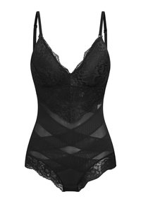 Body negro con una combinación de encaje y paneles transparentes, tirantes ajustables y un diseño en cruz en el torso.