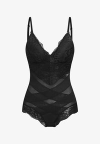 Body negro con una combinación de encaje y paneles transparentes, tirantes ajustables y un diseño en cruz en el torso.