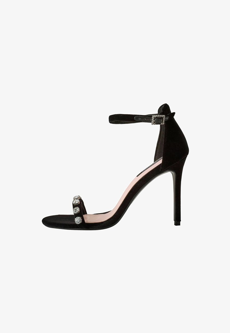 Black velvet high heel sandal with ankle strap, open toe, and three decorative rhinestones on the front strap. Slim stiletto heel.
