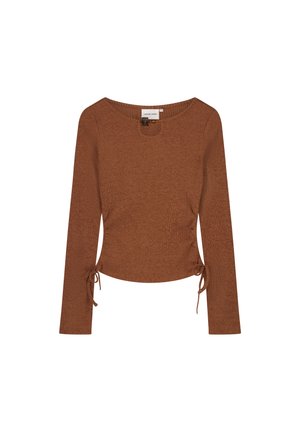 Roestkleurige lange mouwtop met een ronde halslijn, textuur ribgebreide stof en zijkoordjes voor een verstelbare pasvorm.